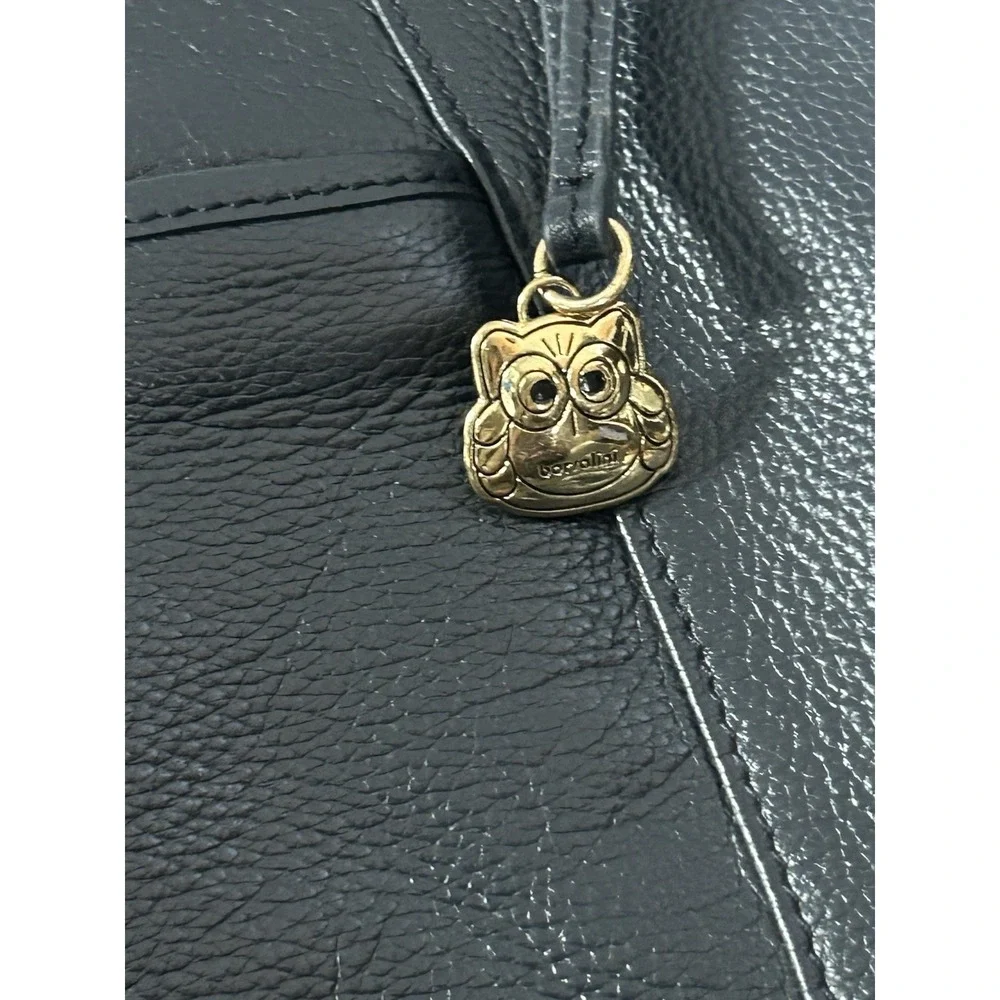 Borzalini black leather hobo bag Embossed Owl On Front Medium Size Gold Hardware